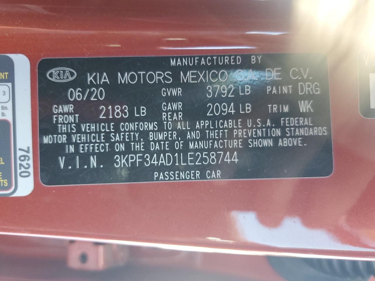 2020 Kia Forte Gt Line VIN: 3KPF34AD1LE258744 Lot: 91459035