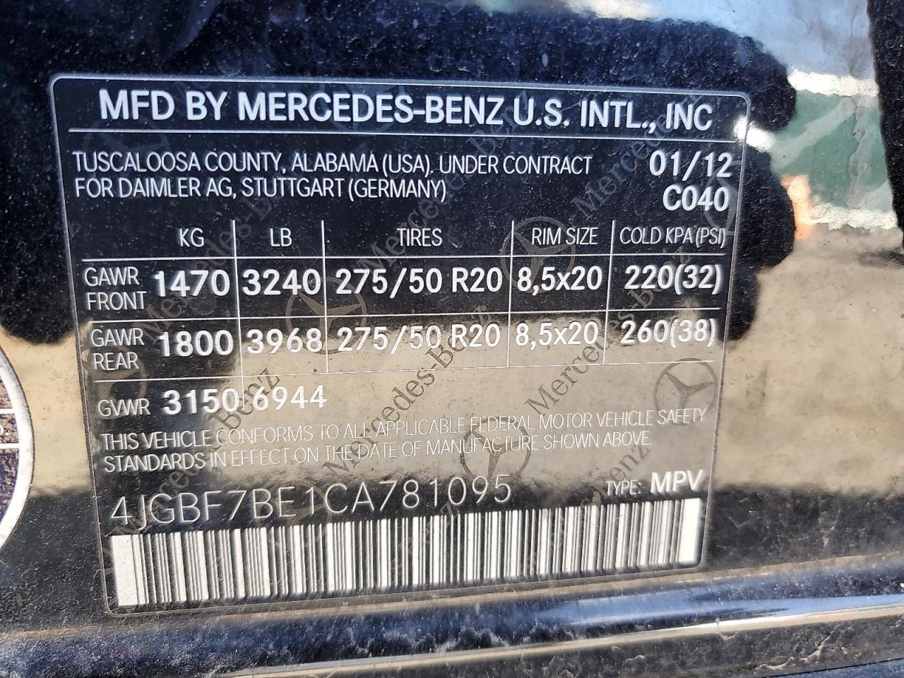 2012 Mercedes-Benz Gl 450 4Matic VIN: 4JGBF7BE1CA781095 Lot: 91770395