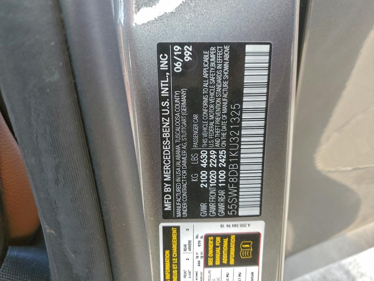 2019 Mercedes-Benz C 300 VIN: 55SWF8DB1KU321325 Lot: 93284125