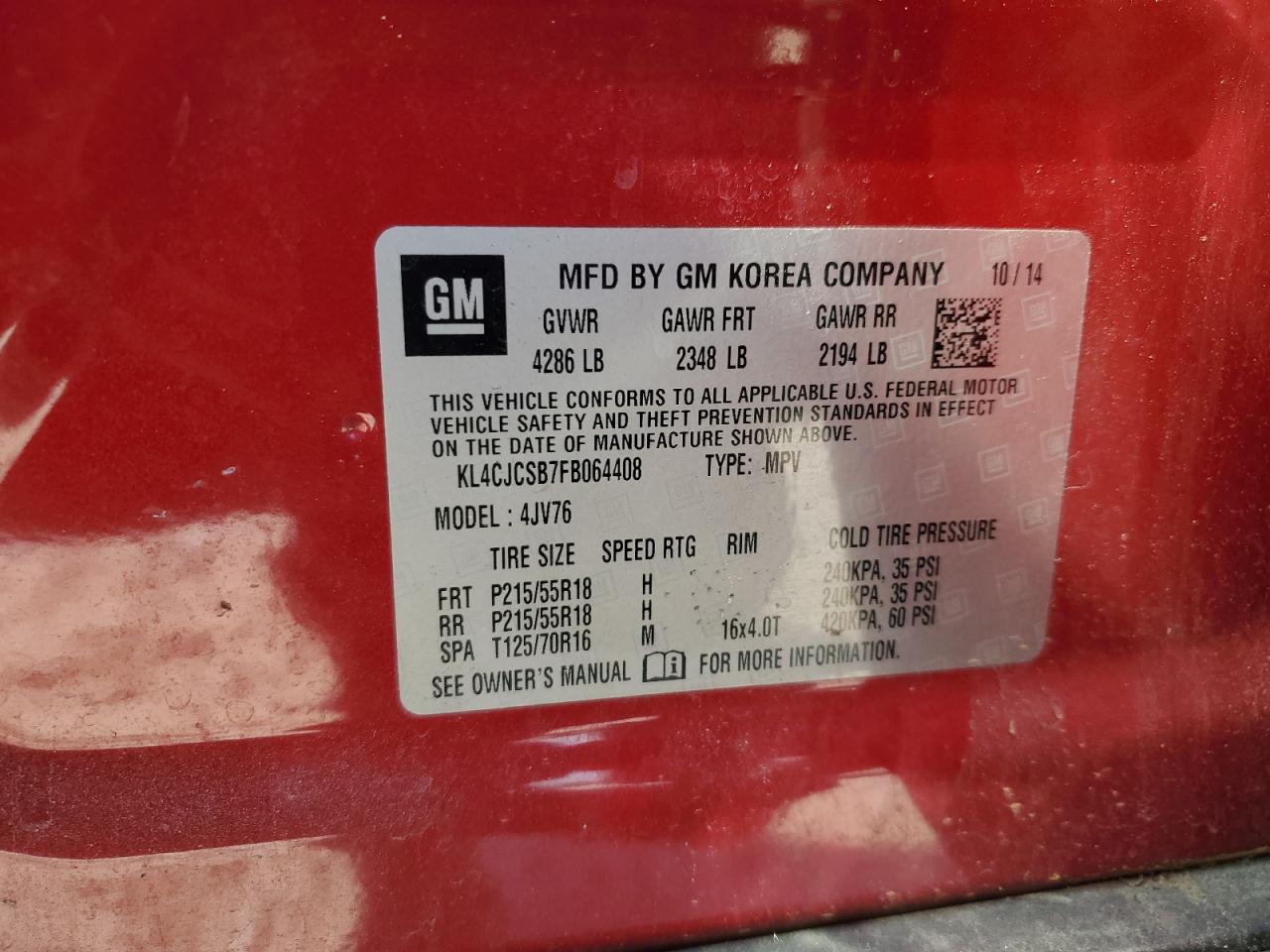 2015 Buick Encore VIN: KL4CJCSB7FB064408 Lot: 91452165