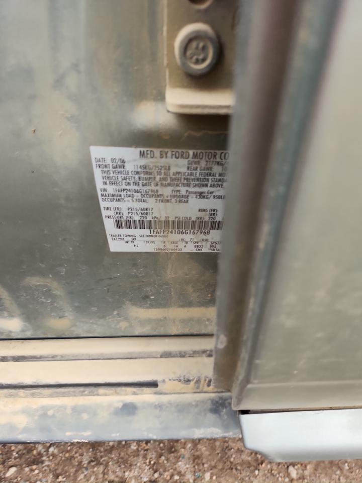 2006 Ford Five Hundred Sel VIN: 1FAFP24106G167968 Lot: 92121535