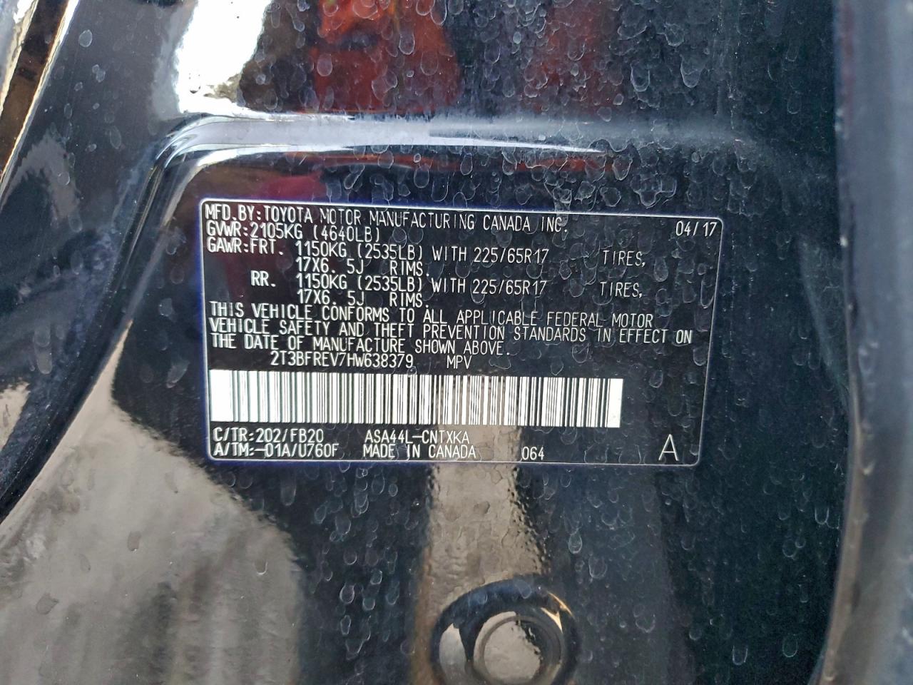 2017 Toyota Rav4 Le VIN: 2T3BFREV7HW638379 Lot: 94125275