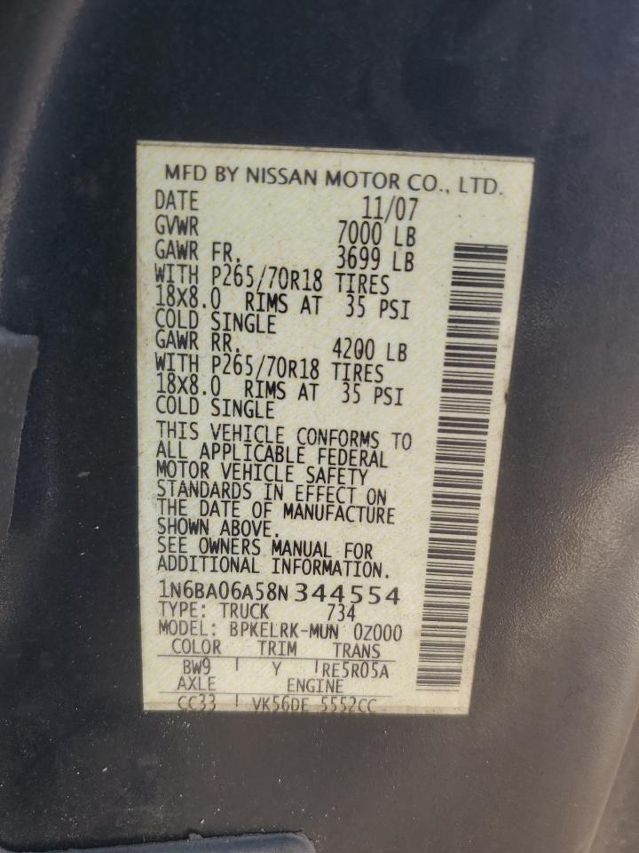 2008 Nissan Titan Xe VIN: 1N6BA06A58N344554 Lot: 93683905