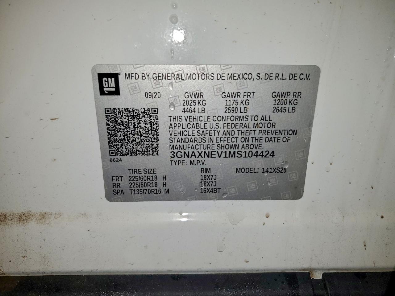 2021 Chevrolet Equinox Premier VIN: 3GNAXNEV1MS104424 Lot: 94289785