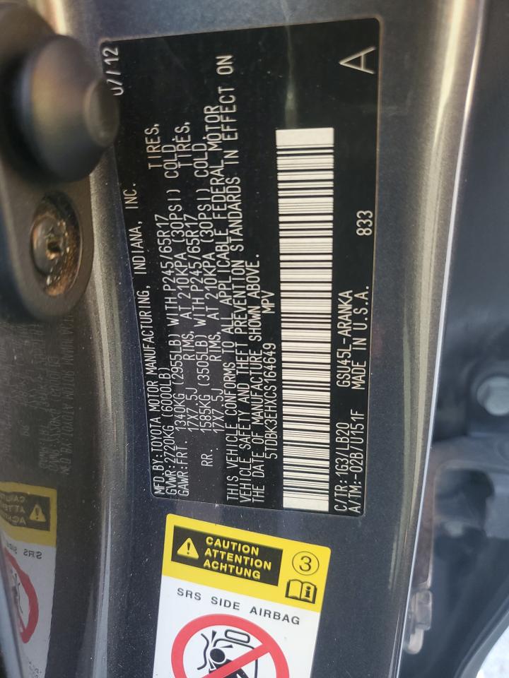 2012 Toyota Highlander Base VIN: 5TDBK3EHXCS164649 Lot: 93720965