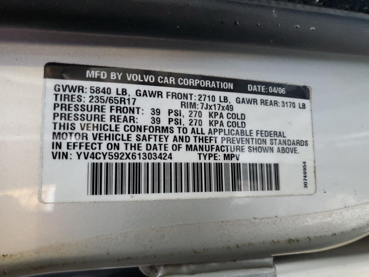 2006 Volvo Xc90 VIN: YV4CY592X61303424 Lot: 92109115