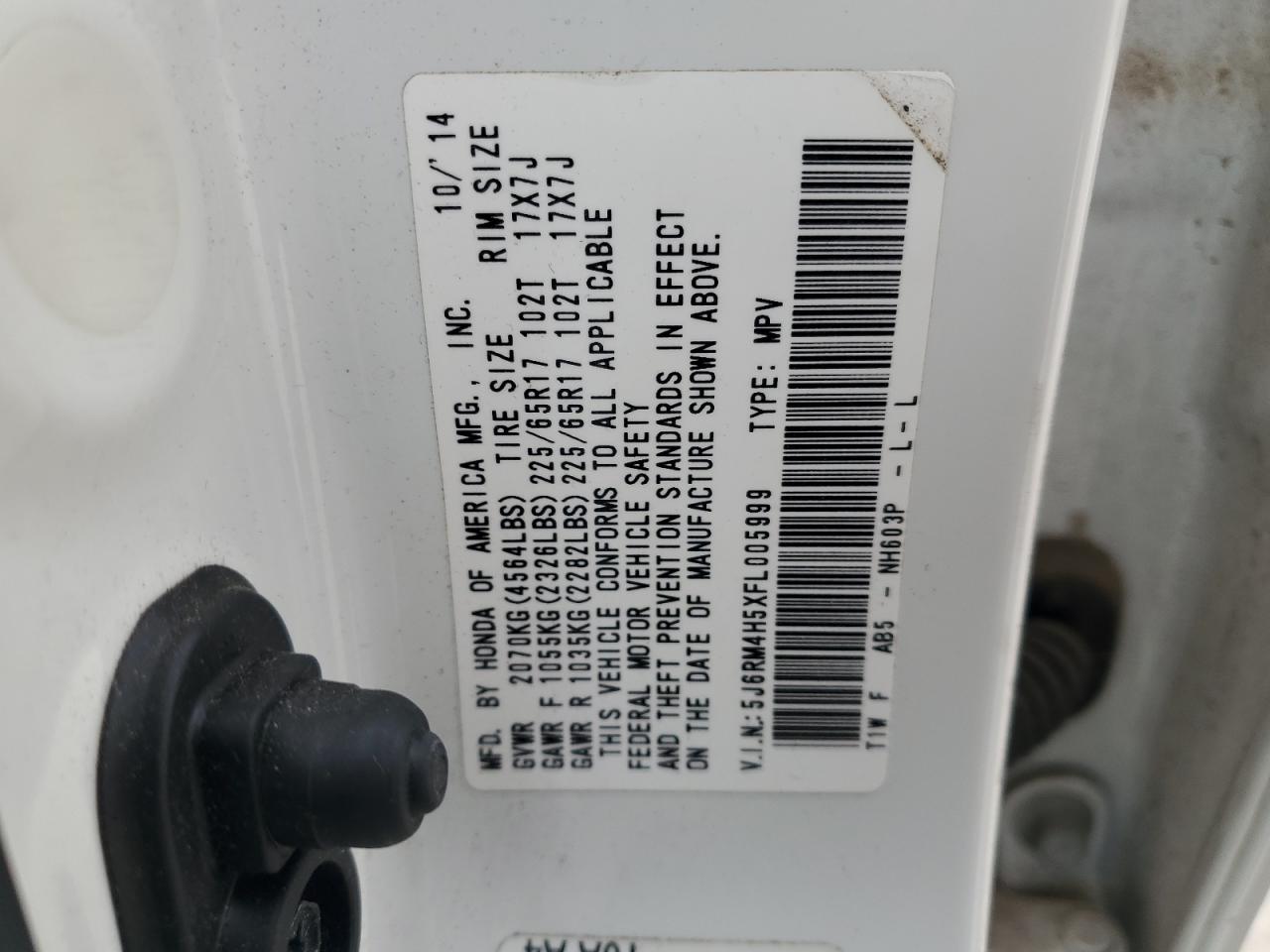 2015 Honda Cr-V Ex VIN: 5J6RM4H5XFL005999 Lot: 92943955