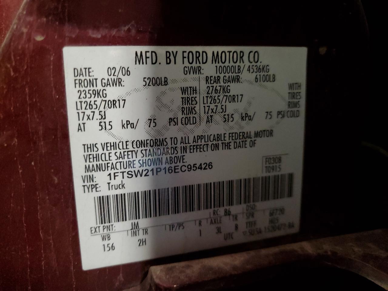 2006 Ford F250 Super Duty VIN: 1FTSW21P16EC95426 Lot: 92661035