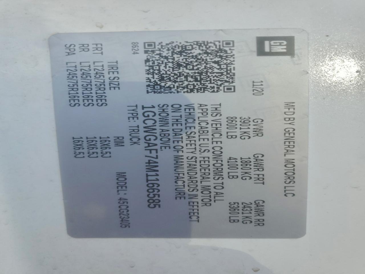 2021 Chevrolet Express G2500 VIN: 1GCWGAF74M1166585 Lot: 91245605