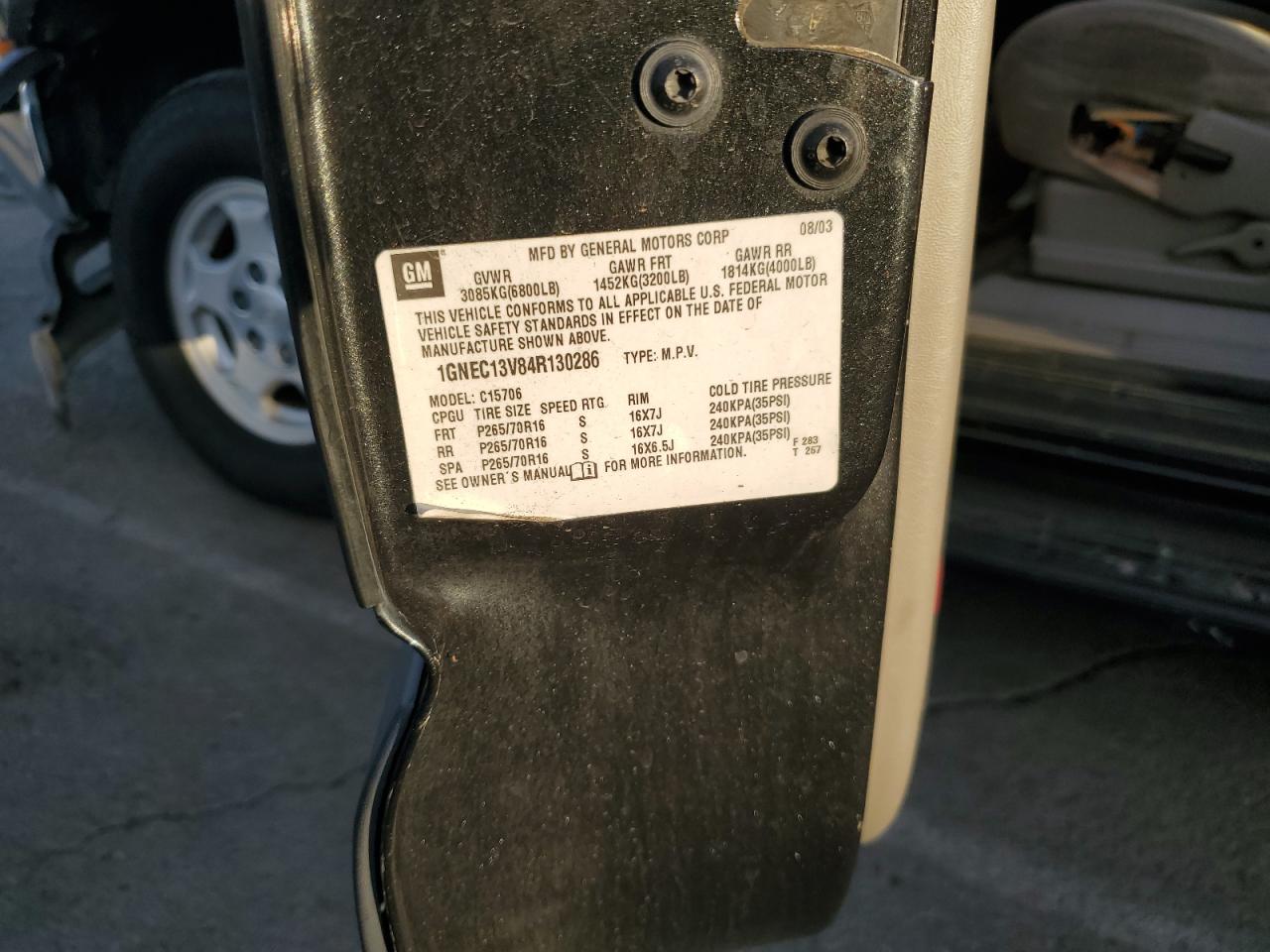 2004 Chevrolet Tahoe C1500 VIN: 1GNEC13V84R130286 Lot: 92246455