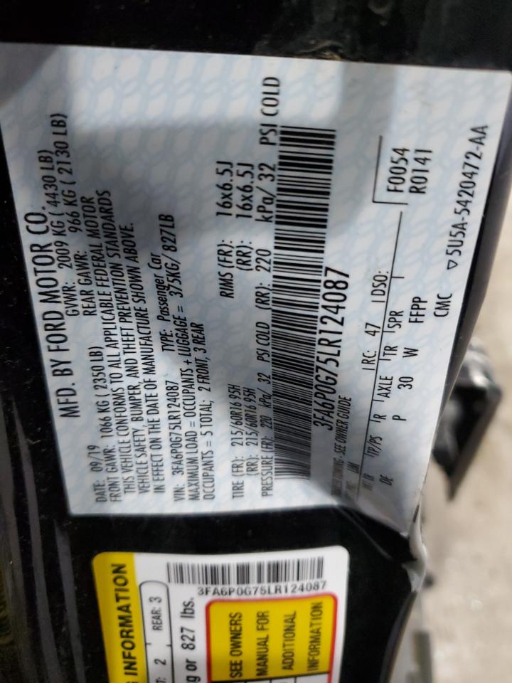 2020 Ford Fusion S VIN: 3FA6P0G75LR124087 Lot: 92795755