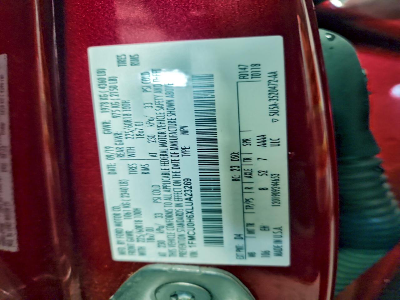 2020 Ford Escape Sel VIN: 1FMCU0H6XLUA23269 Lot: 94081015