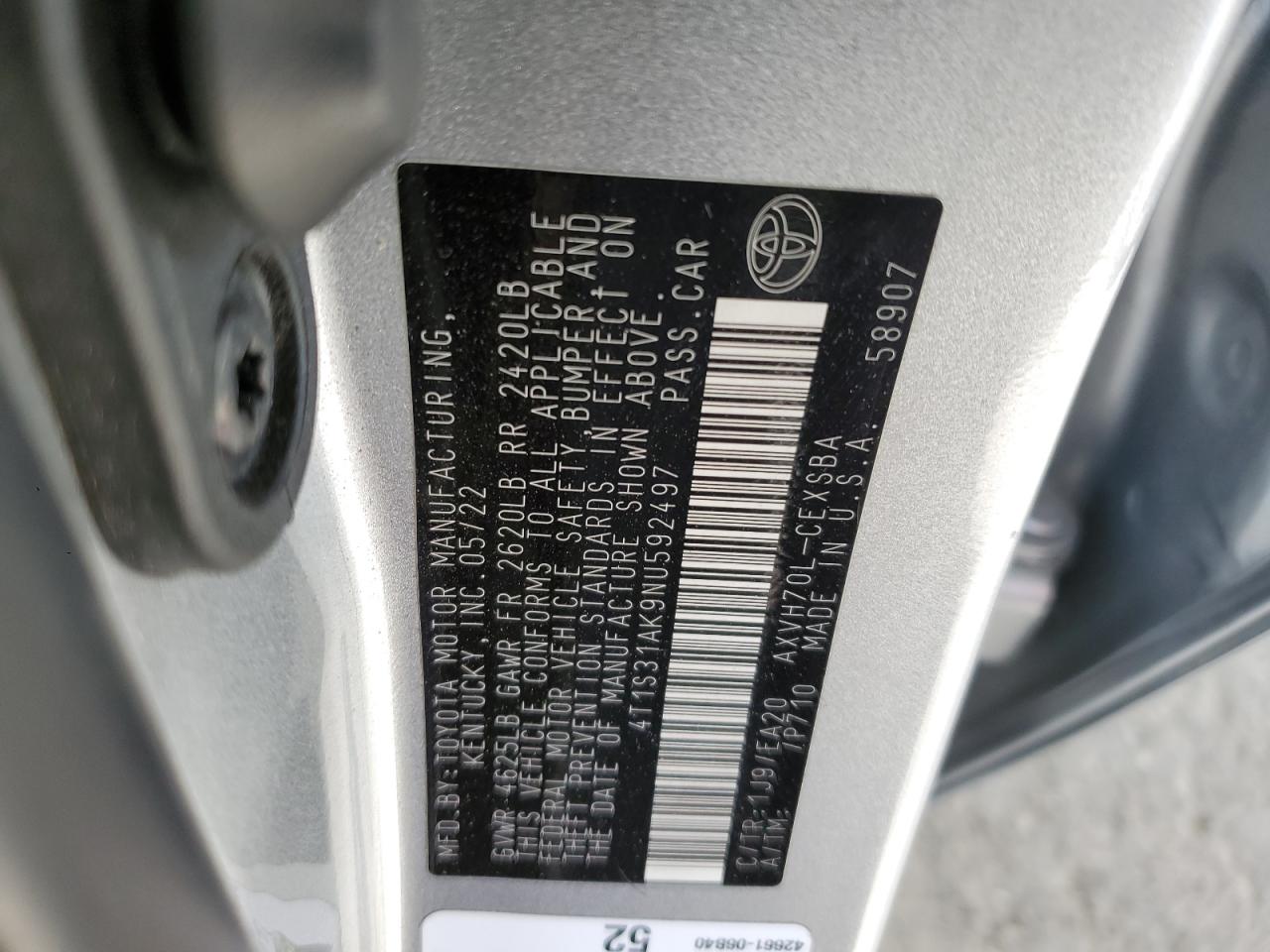 2022 Toyota Camry Night Shade VIN: 4T1S31AK9NU592497 Lot: 91414245