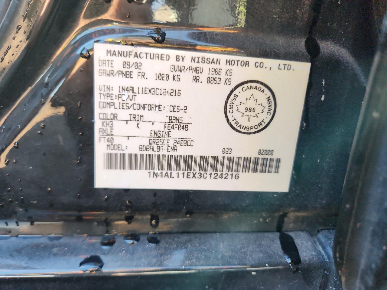 2003 Nissan Altima Base VIN: 1N4AL11EX3C124216 Lot: 93811485