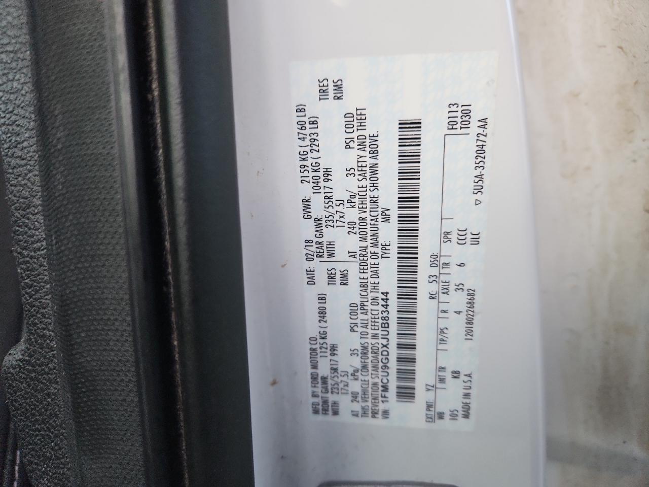 2018 Ford Escape Se VIN: 1FMCU9GDXJUB83444 Lot: 93174555