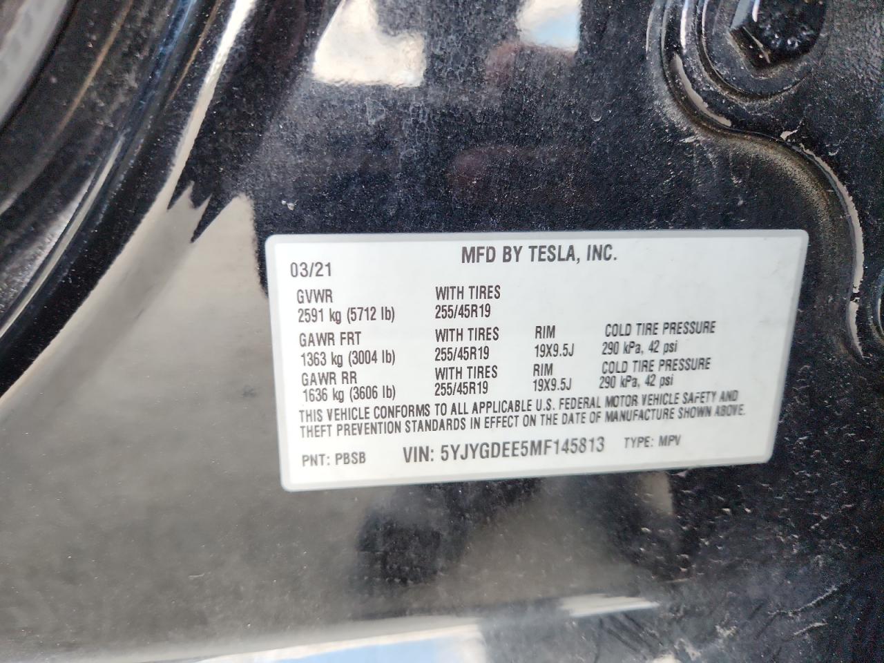 2021 Tesla Model Y VIN: 5YJYGDEE5MF145813 Lot: 90754815