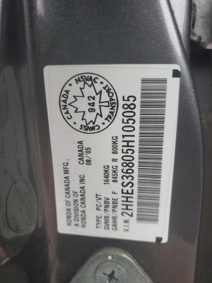 2005 Acura 1.7El Premium VIN: 2HHES36805H105085 Lot: 90615345