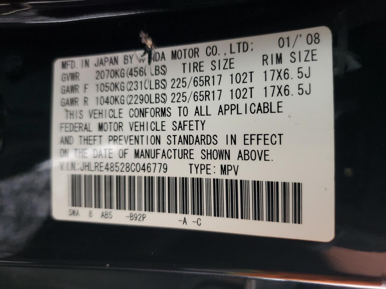 2008 Honda Cr-V Ex VIN: JHLRE48528C046779 Lot: 91456615