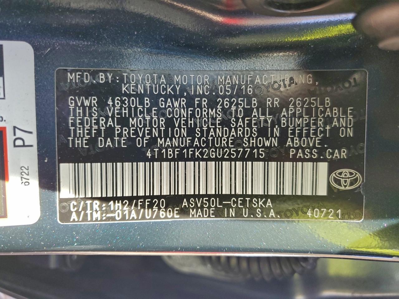 2016 Toyota Camry Le VIN: 4T1BF1FK2GU257715 Lot: 93838535