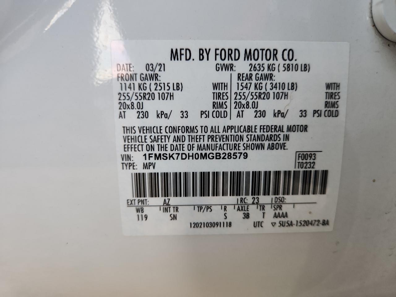 2021 Ford Explorer Xlt VIN: 1FMSK7DH0MGB28579 Lot: 93427165