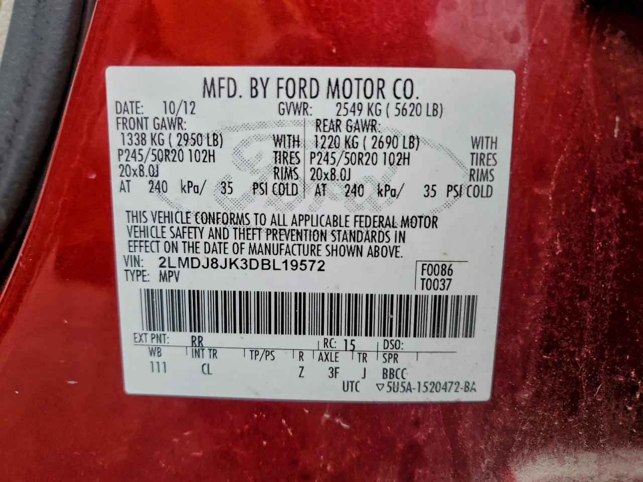 2013 Lincoln Mkx VIN: 2LMDJ8JK3DBL19572 Lot: 93844995