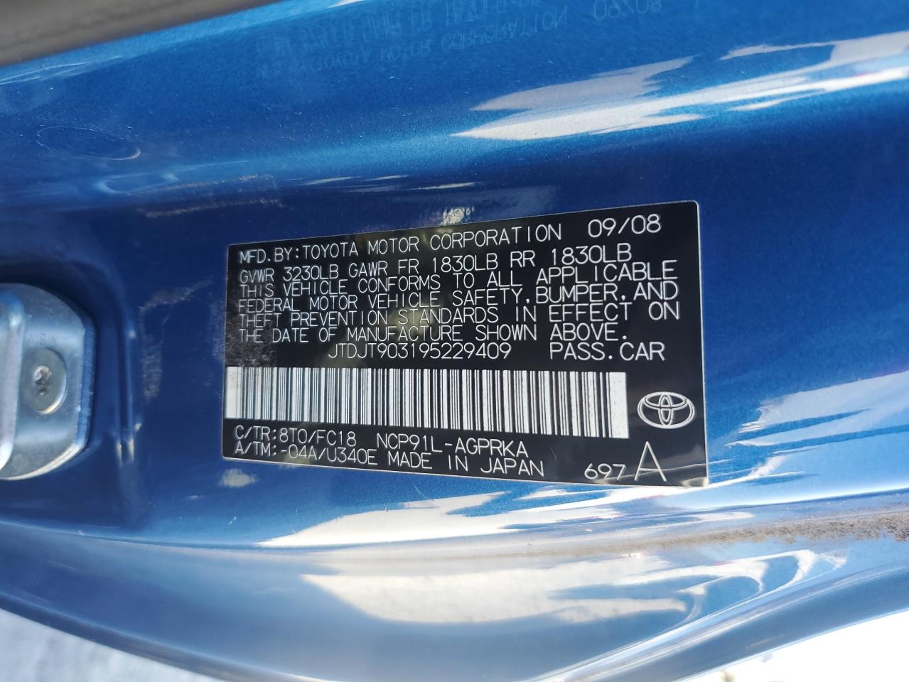 2009 Toyota Yaris VIN: JTDJT903195229409 Lot: 93008505