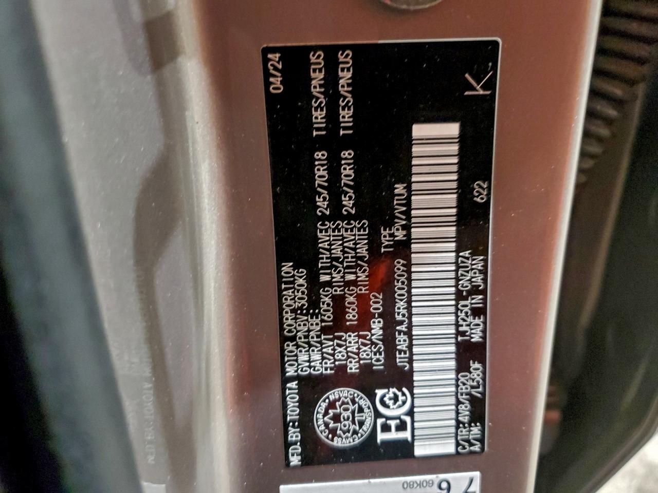 2024 Toyota Land Cruiser Base VIN: JTEABFAJ5RK005099 Lot: 94159665