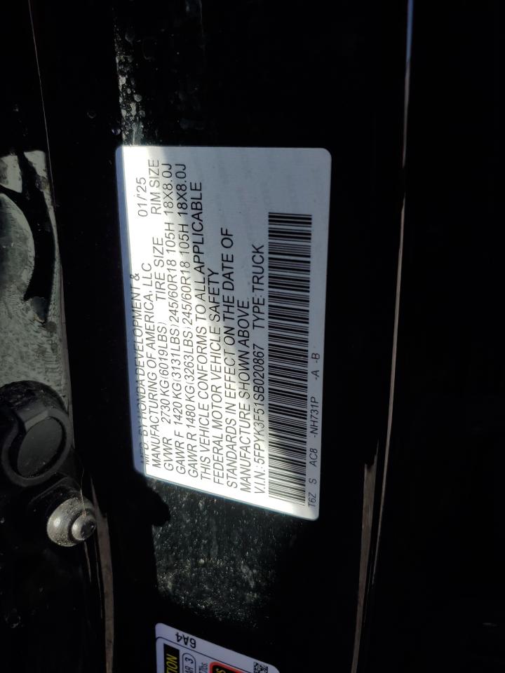 2025 Honda Ridgeline Rtl VIN: 5FPYK3F51SB020867 Lot: 92378645