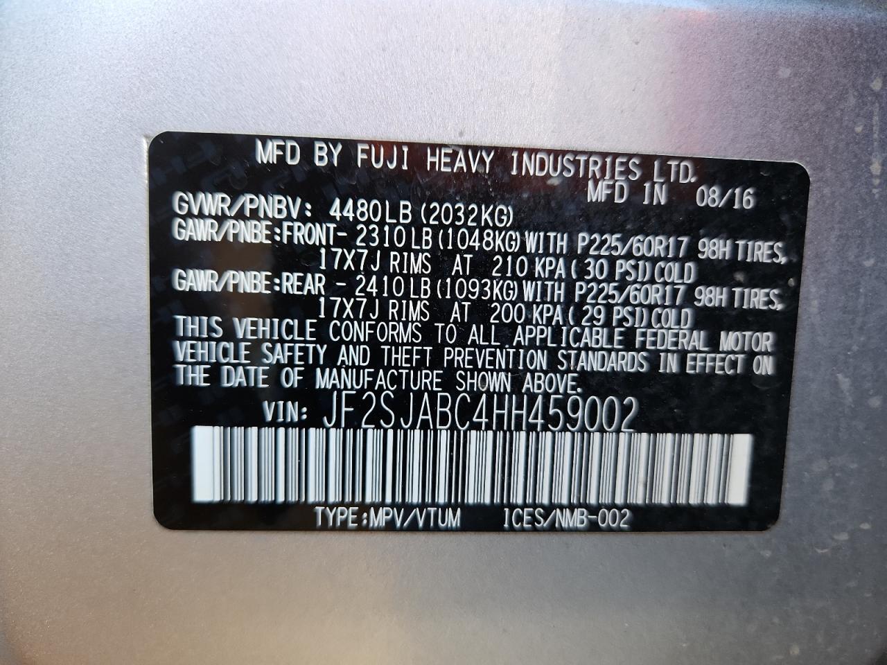 2017 Subaru Forester 2.5I VIN: JF2SJABC4HH459002 Lot: 92429805