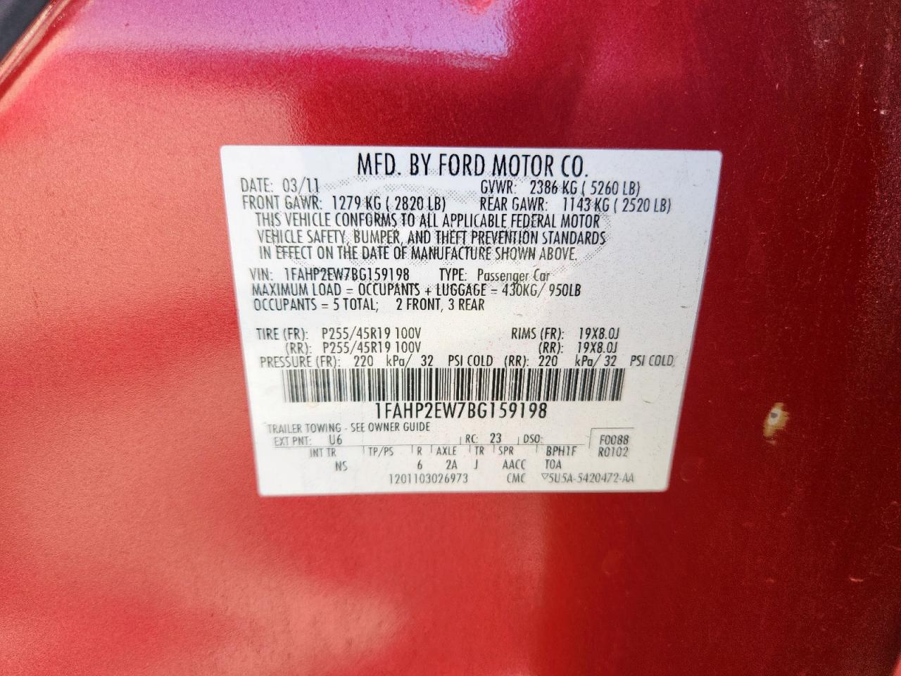 2011 Ford Taurus Sel VIN: 1FAHP2EW7BG159198 Lot: 91596195