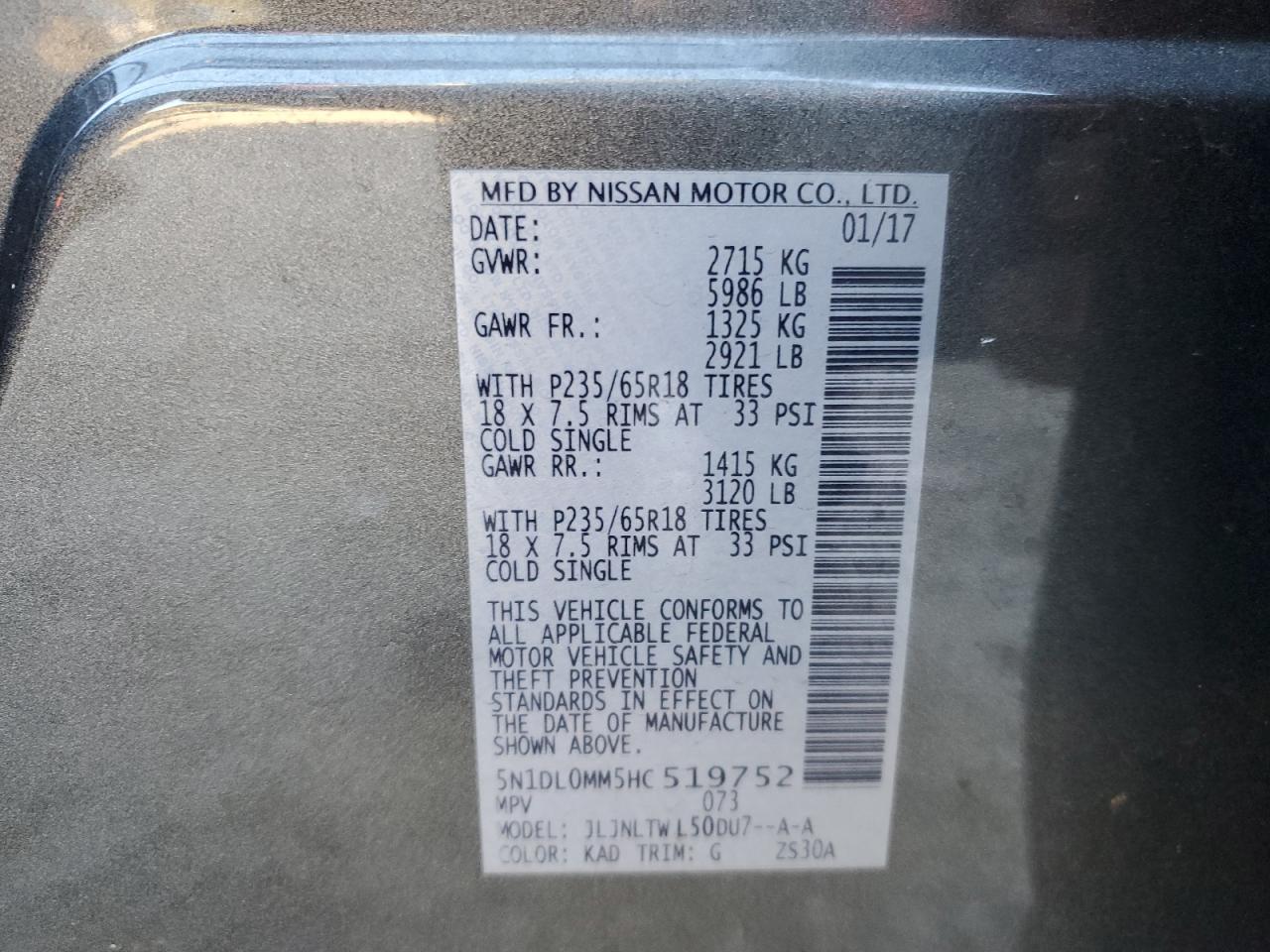 2017 Infiniti Qx60 VIN: 5N1DL0MM5HC519752 Lot: 93251965