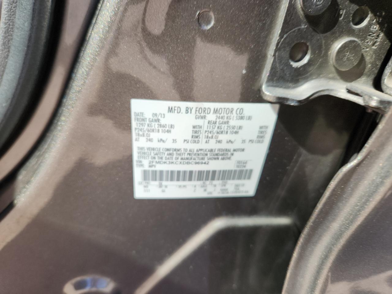 2013 Ford Edge Limited VIN: 2FMDK3KCXDBC96942 Lot: 91668475