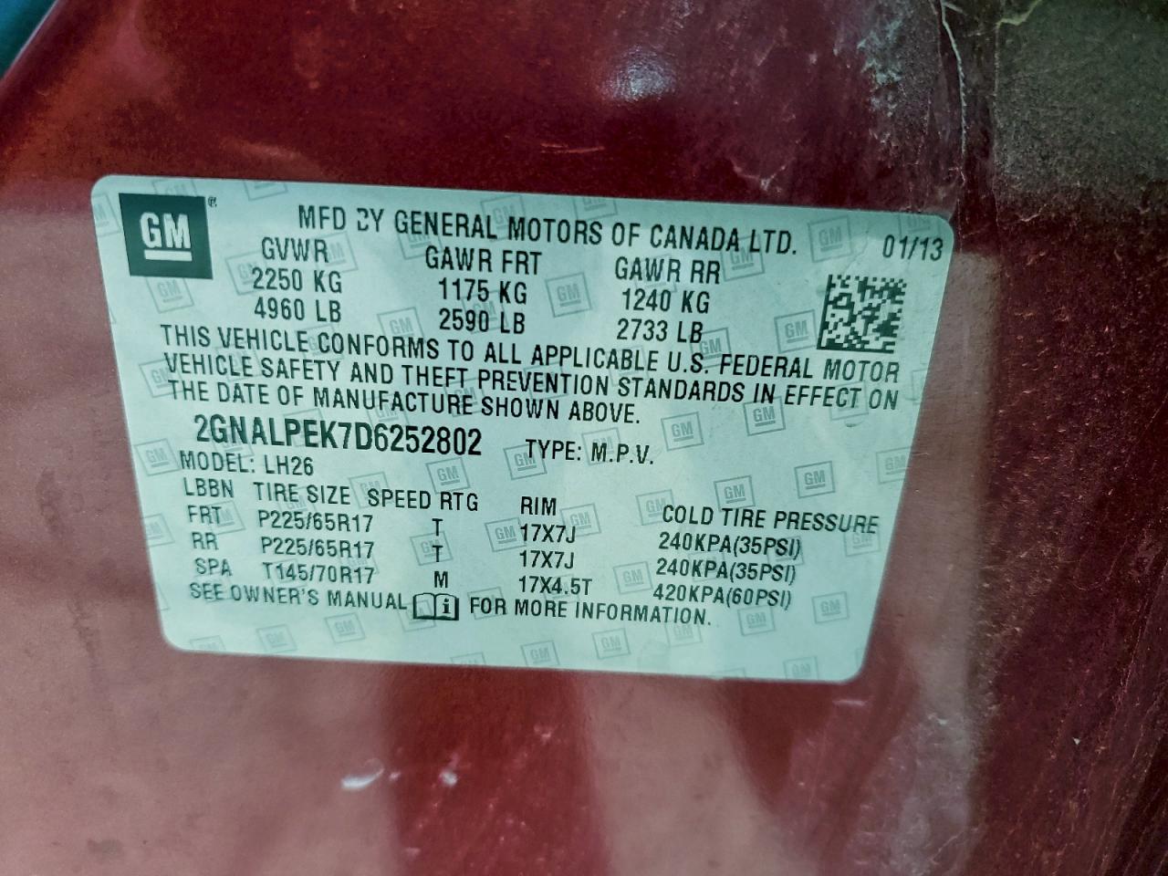 2013 Chevrolet Equinox Lt VIN: 2GNALPEK7D6252802 Lot: 94234125