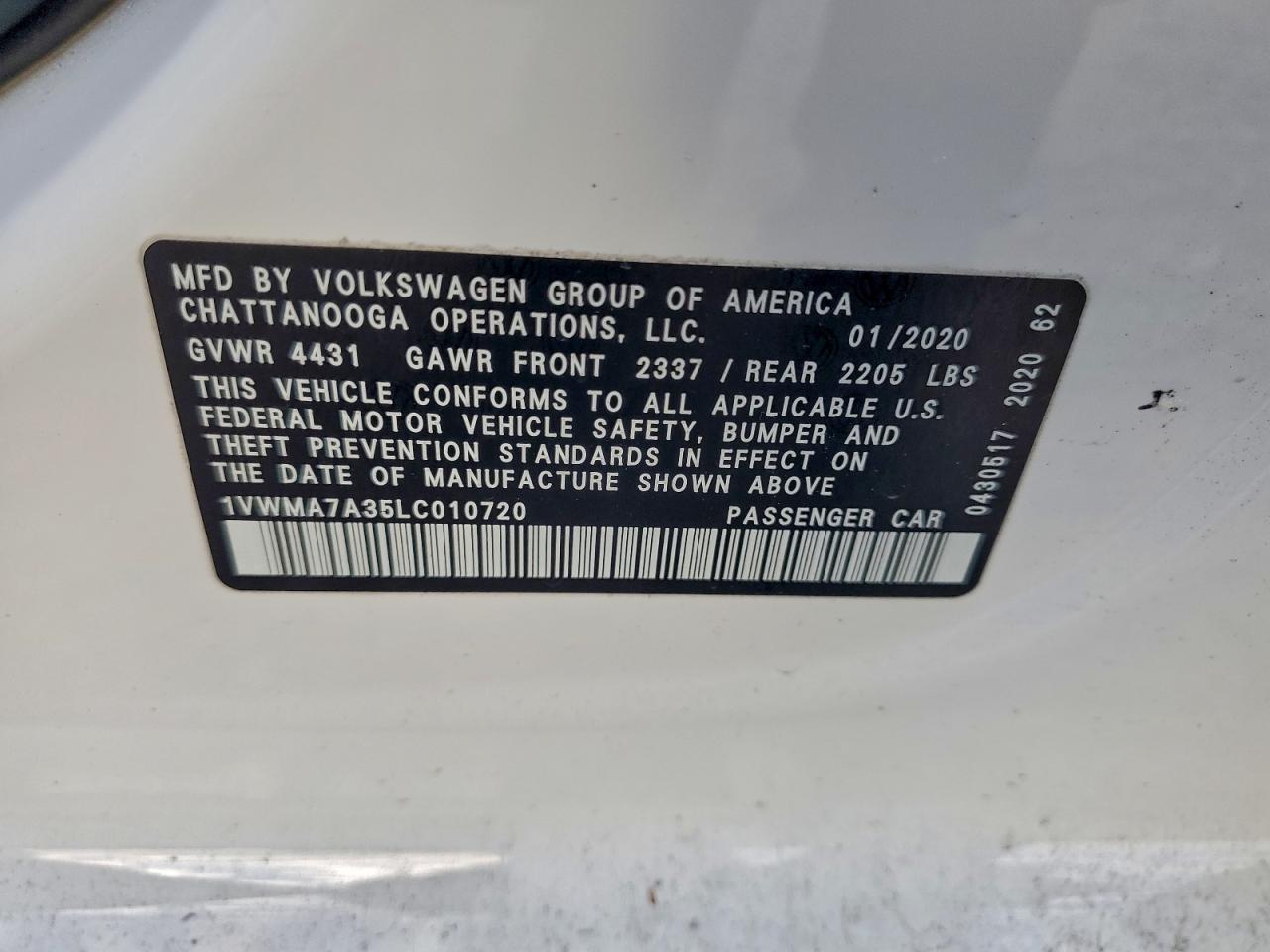 2020 Volkswagen Passat R-Line VIN: 1VWMA7A35LC010720 Lot: 94067905