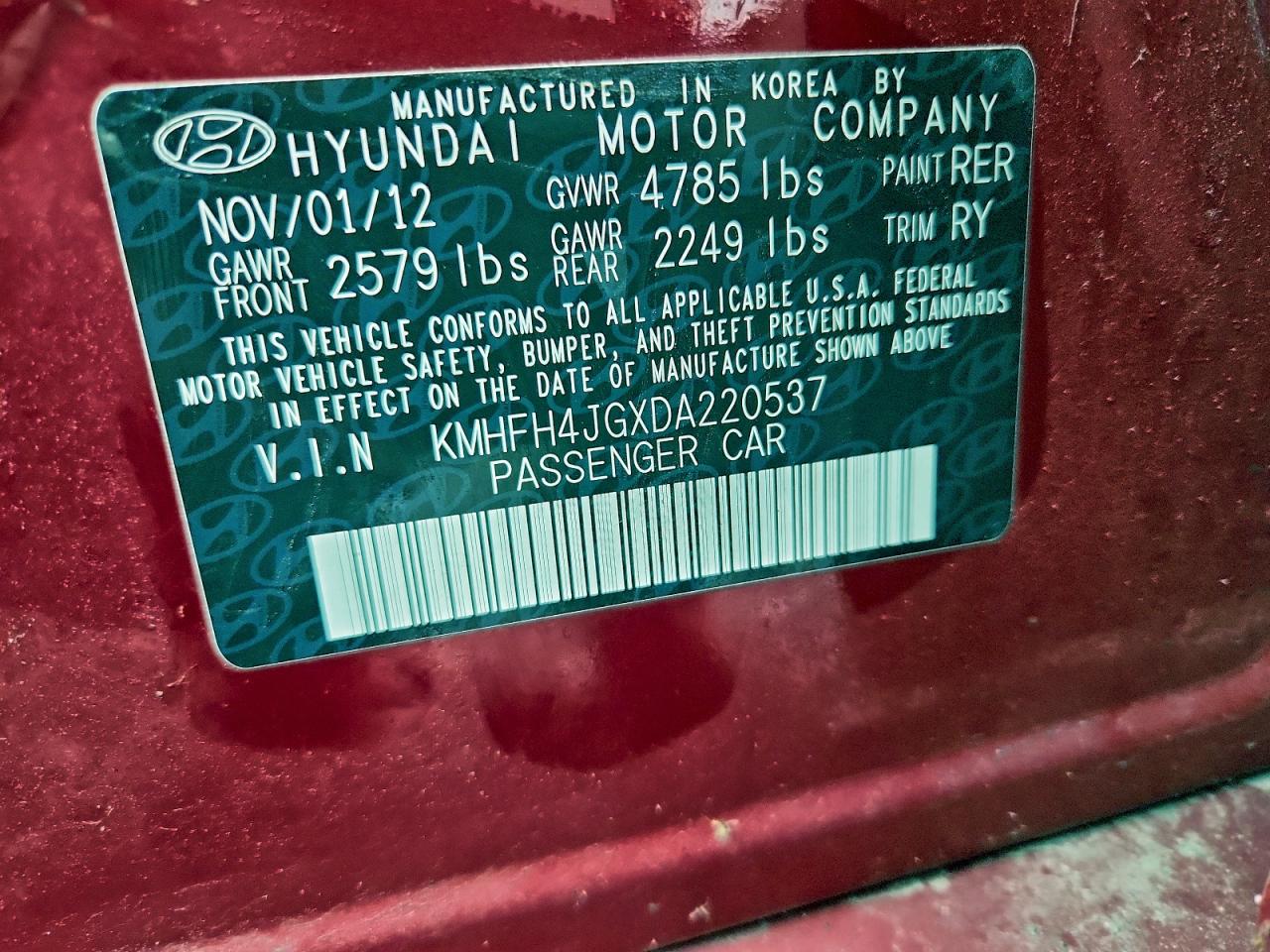 2013 Hyundai Azera Gls VIN: KMHFH4JGXDA220537 Lot: 93719525