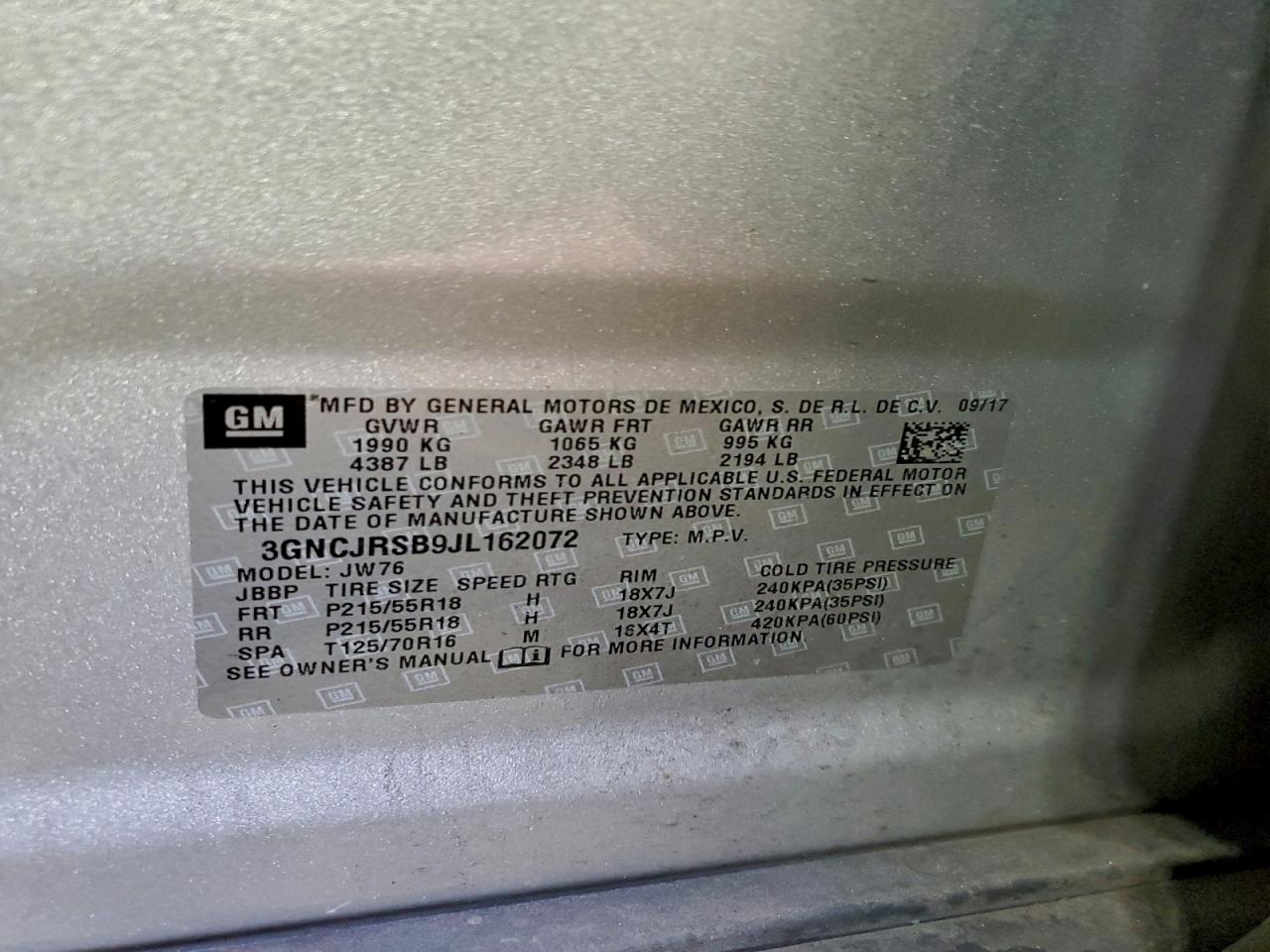 2018 Chevrolet Trax Premier VIN: 3GNCJRSB9JL162072 Lot: 94360165