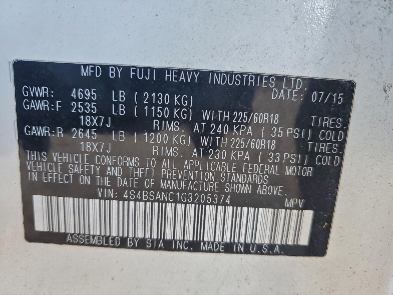 2016 Subaru Outback 2.5I Limited VIN: 4S4BSANC1G3205374 Lot: 93271965