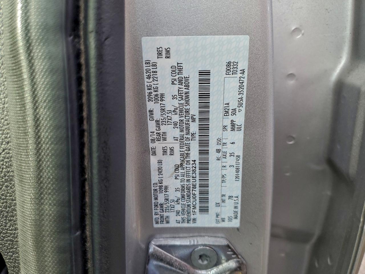 2014 Ford Escape S VIN: 1FMCU0F78EUE38234 Lot: 94271135