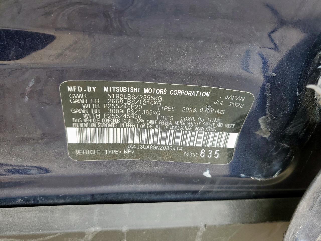 2022 Mitsubishi Outlander Se VIN: JA4J3UA89NZ086414 Lot: 93083865