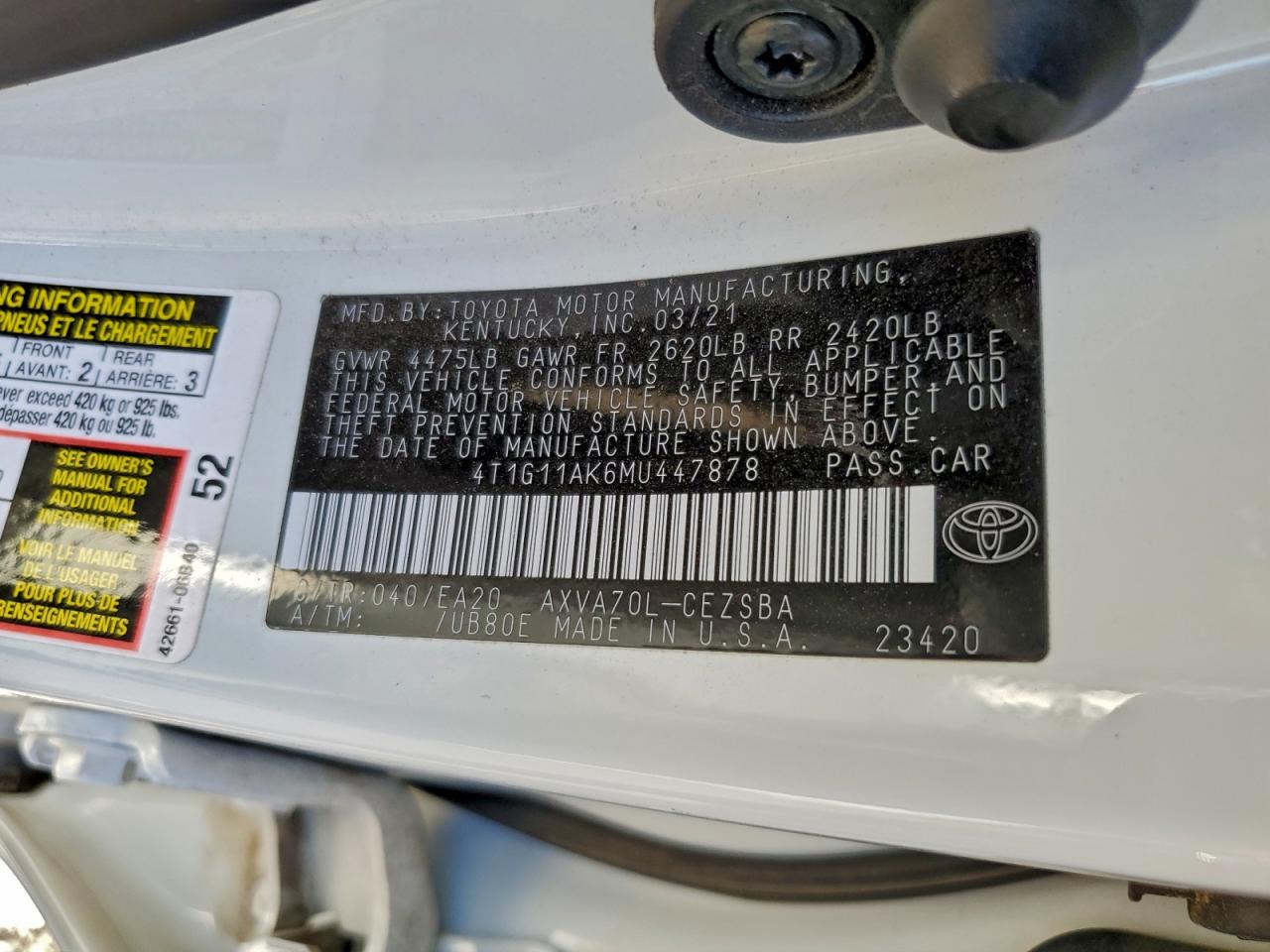 2021 Toyota Camry Se VIN: 4T1G11AK6MU447878 Lot: 93502375