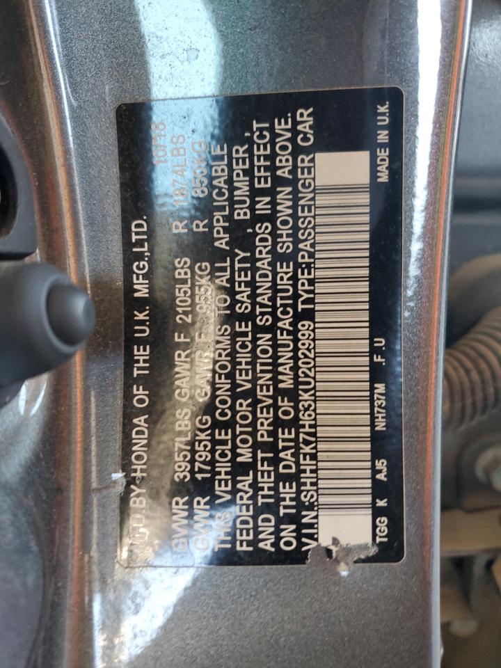 2019 Honda Civic Ex VIN: SHHFK7H63KU202999 Lot: 91973935