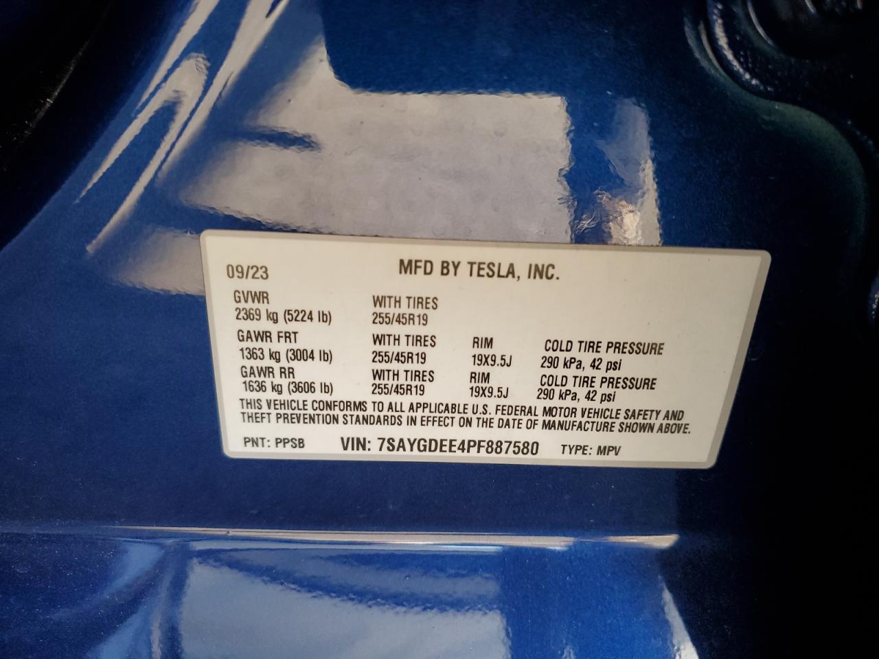 2023 Tesla Model Y VIN: 7SAYGDEE4PF887580 Lot: 92029965