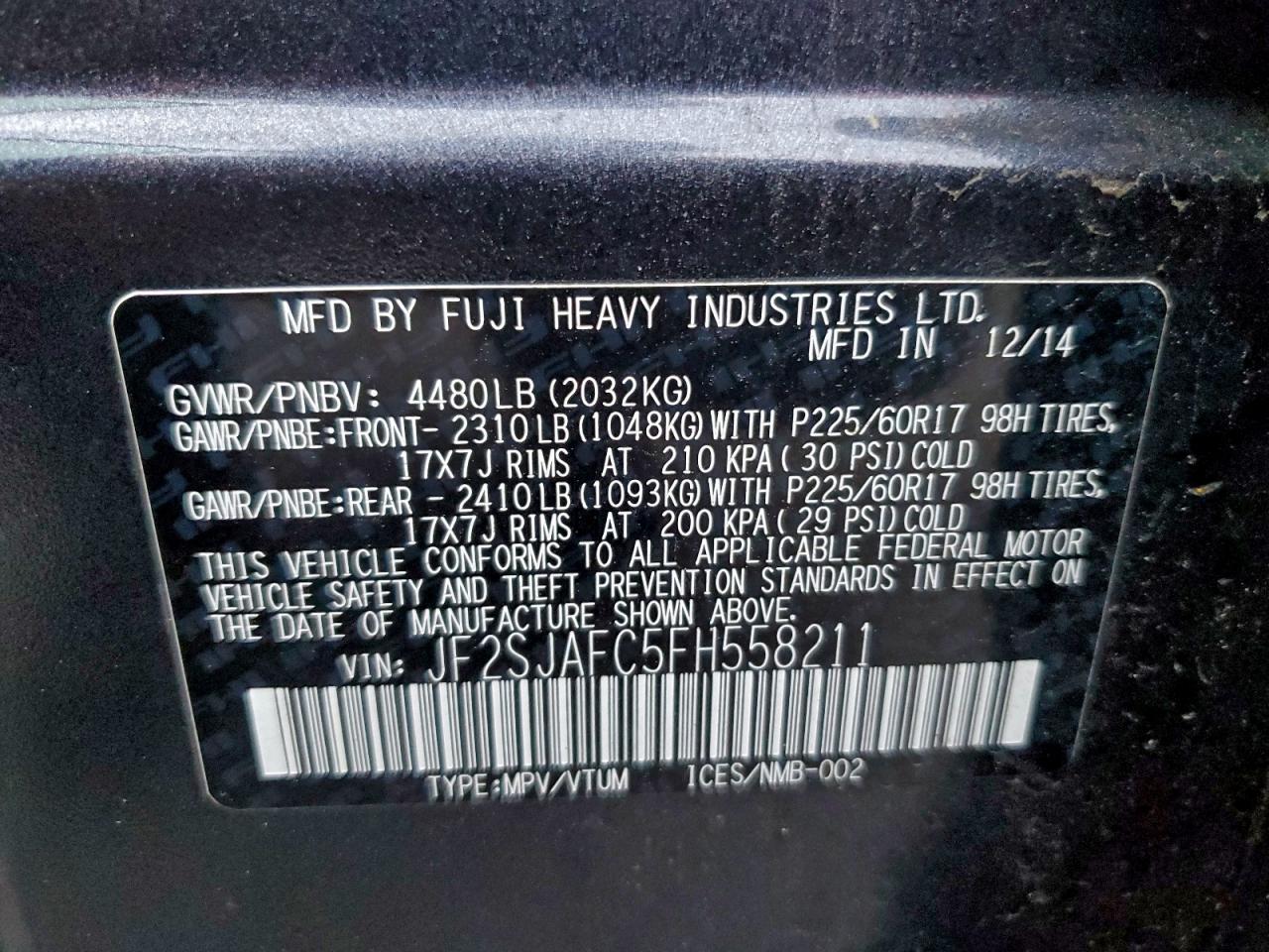 2015 Subaru Forester 2.5I Premium VIN: JF2SJAFC5FH558211 Lot: 94108715