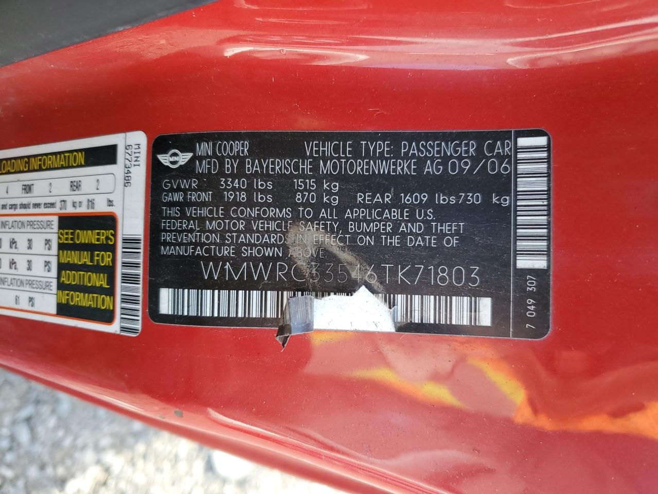 2006 Mini Cooper VIN: WMWRC33546TK71803 Lot: 92305785