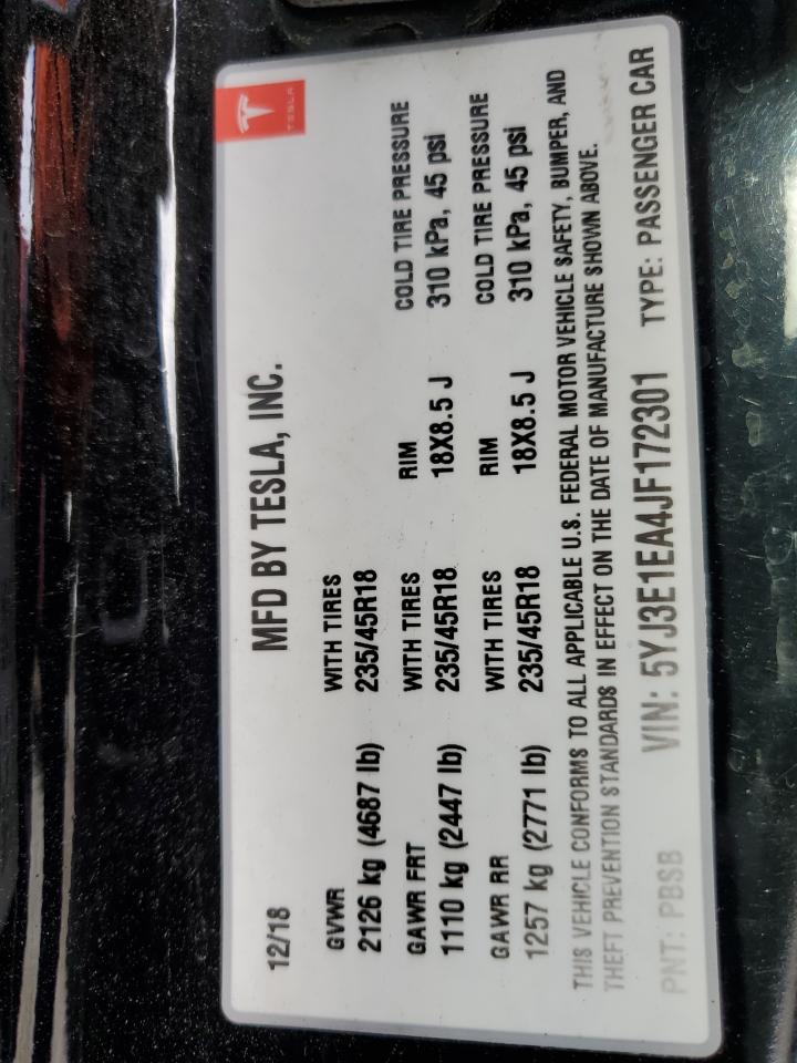 2018 Tesla Model 3 VIN: 5YJ3E1EA4JF172301 Lot: 93027975