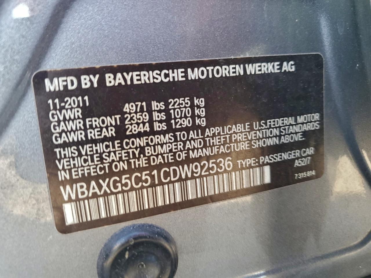 2012 BMW 528 I VIN: WBAXG5C51CDW92536 Lot: 93309045