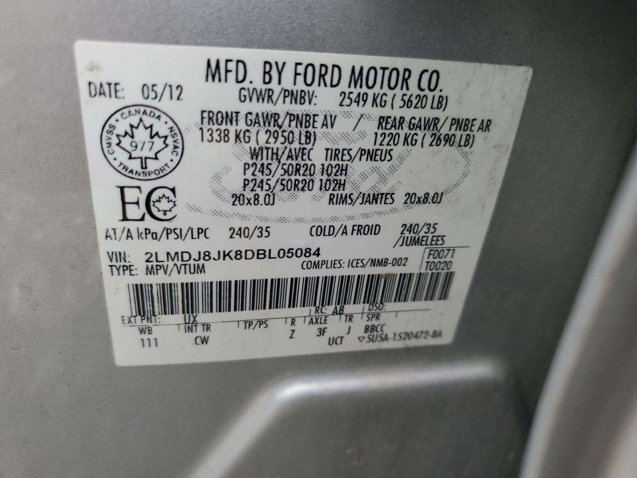 2013 Lincoln Mkx VIN: 2LMDJ8JK8DBL05084 Lot: 92378305