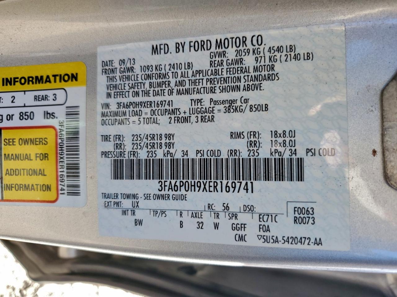 2014 Ford Fusion Se VIN: 3FA6P0H9XER169741 Lot: 93907565