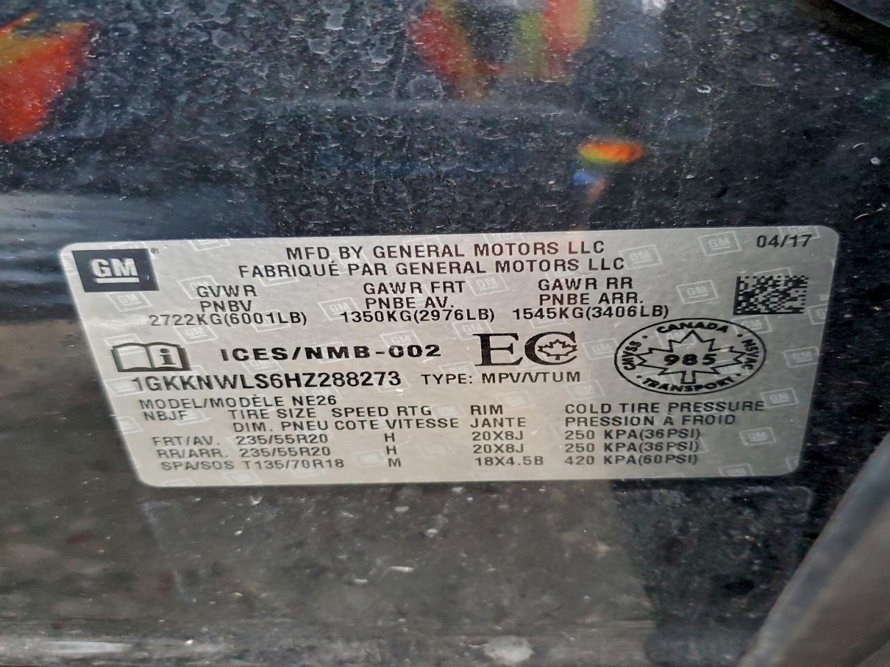 2017 GMC Acadia Slt-2 VIN: 1GKKNWLS6HZ288273 Lot: 94043325