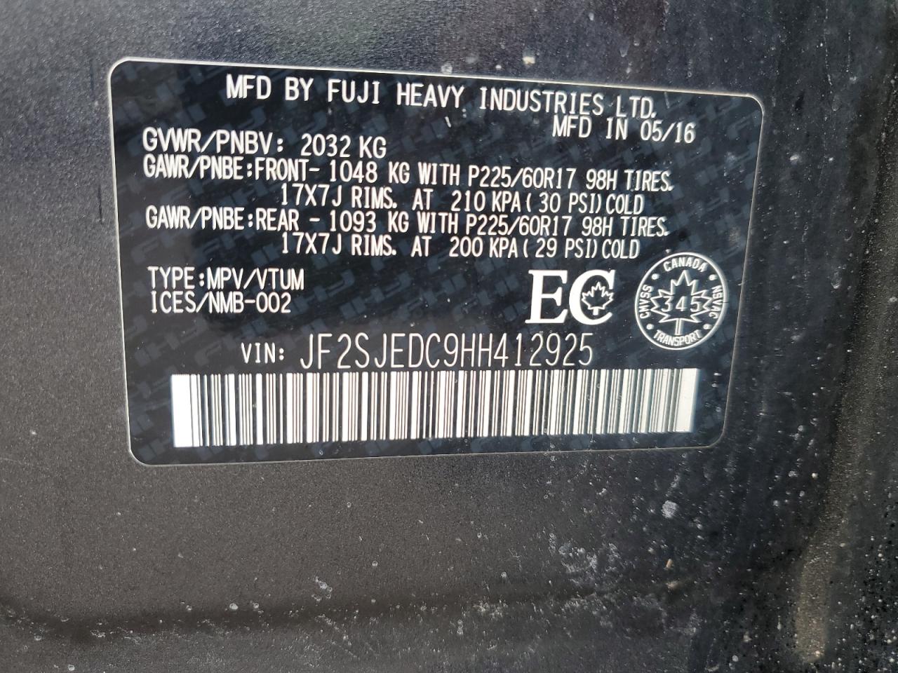 2017 Subaru Forester 2.5I Premium VIN: JF2SJEDC9HH412925 Lot: 91938935